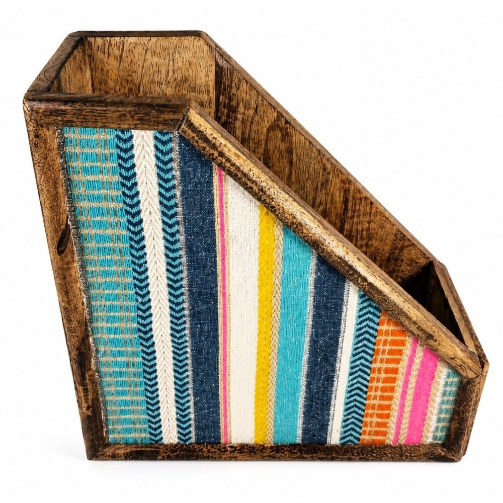 Wood Storage Box Organizer Bin, Striped Multicolor Fabric Panels, 10x10x9 in